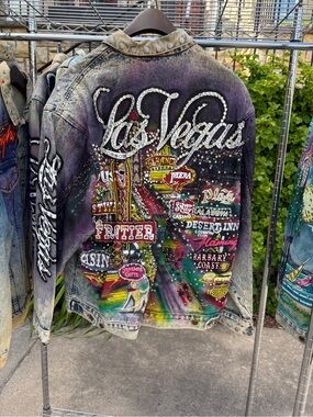 Vintage Tony Alamo 1987 LAS VEGAS Denim Painted Jacket Single Chest Pocket Large